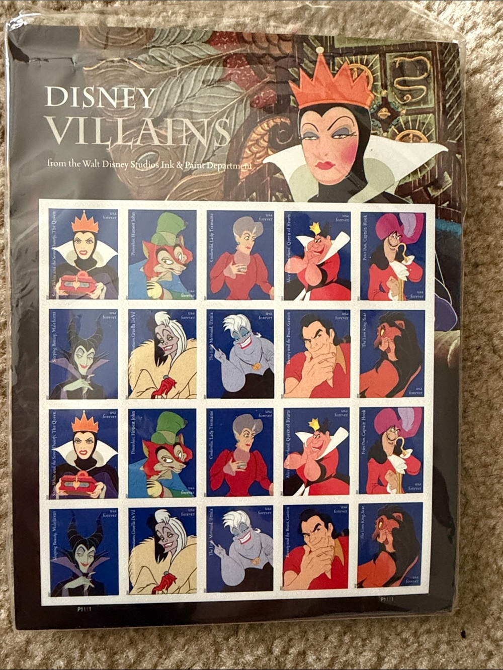 100 stamps Disney Villains Collectible Stamp Sheet - Blue, Red, Black